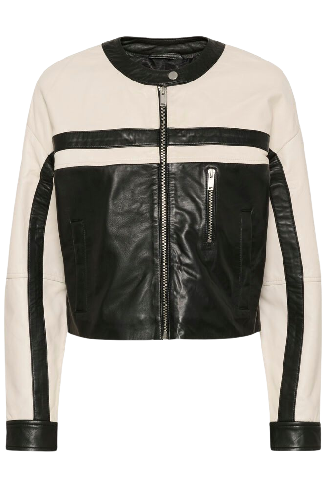KAFFE - VESTE EN CUIR "KARAYA" BEIGE ET NOIRE