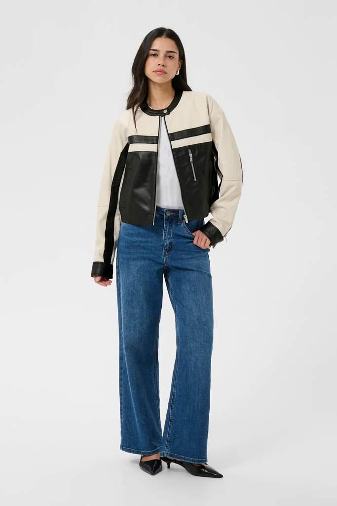 KAFFE - VESTE EN CUIR "KARAYA" BEIGE ET NOIRE