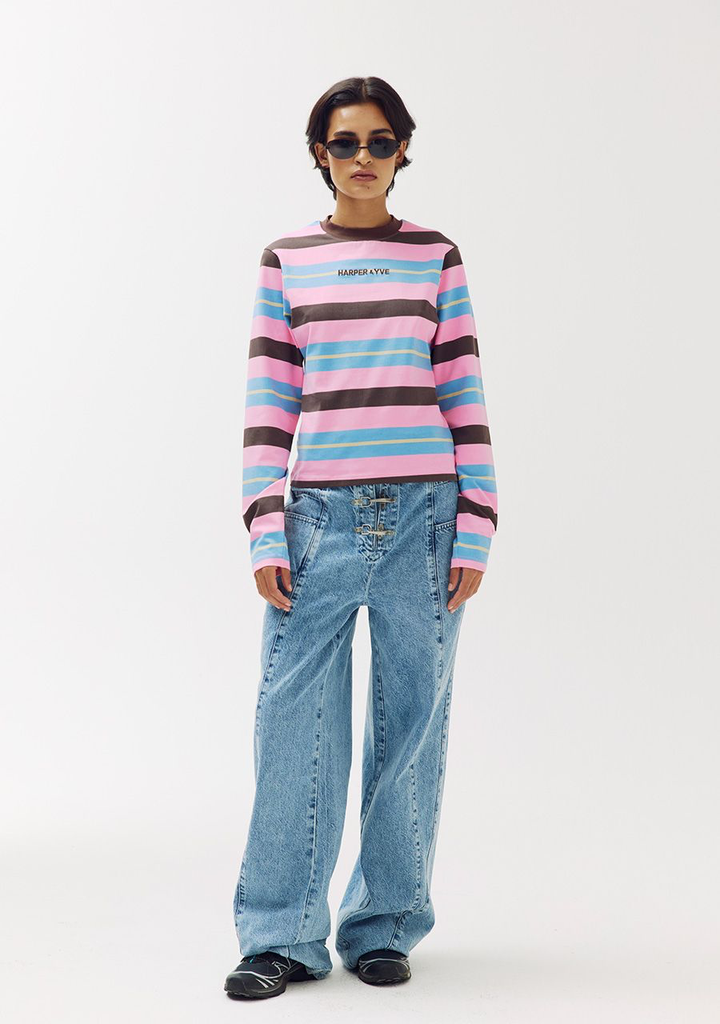 HARPER AND YVE - T-SHIRT LONGUES MANCHES "TAMMY" LIGNÉ ROSE/BLEU/BRUN