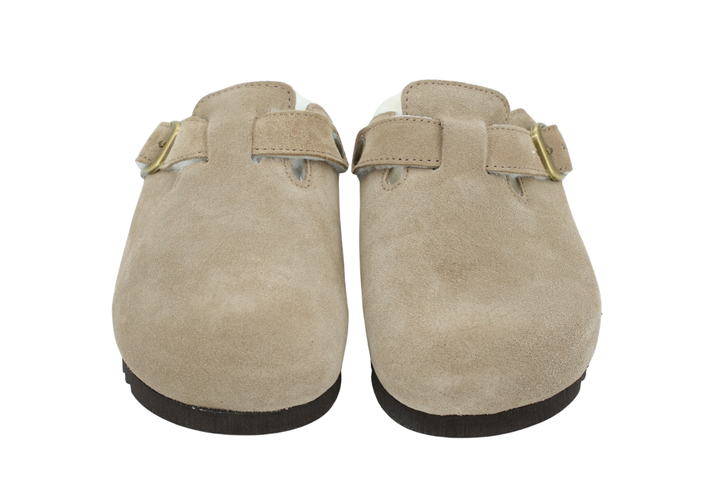 SCHOLL - SABOTS BEIGE FONCÉS FOURRÉS