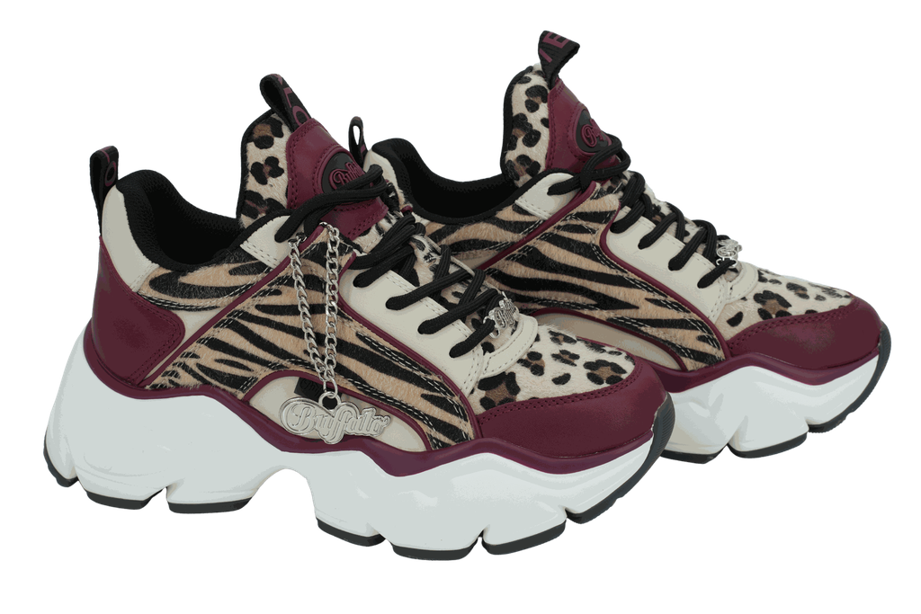 BUFFALO - BASKETS "BINARY GLAM" BORDEAUX ET LÉOPARDS
