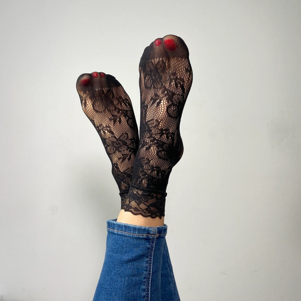 SOCKETTE - CHAUSSETTES "AUDREY" DENTELLES ET RESILLES NOIRES