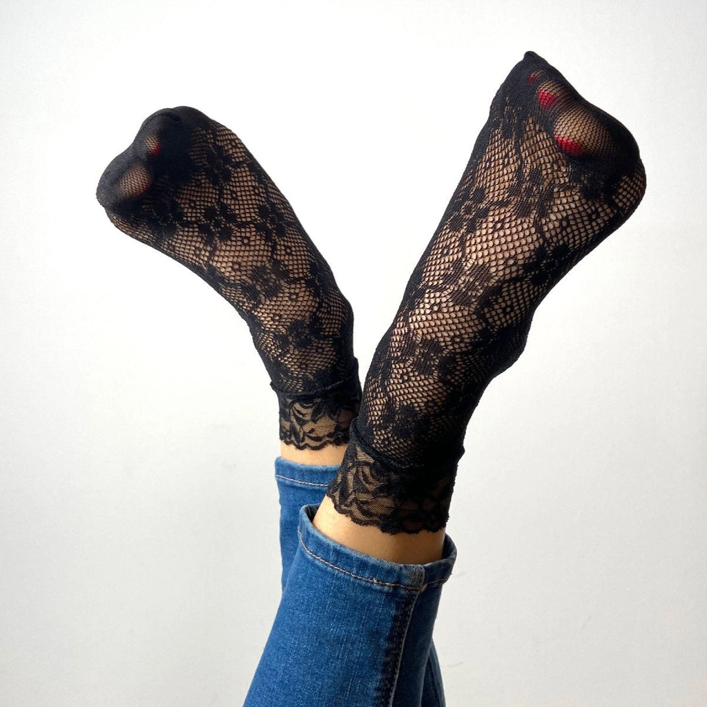 SOCKETTE - CHAUSSETTES "AUDREY" DENTELLES ET RESILLES NOIRES