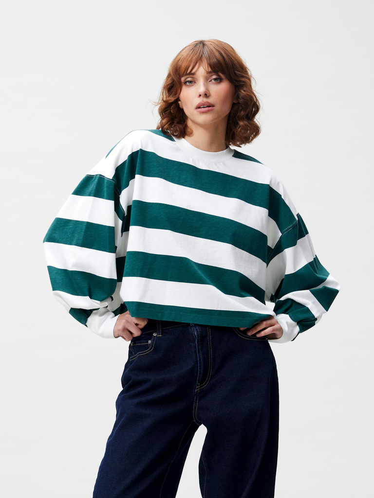 CATWALK JUNKIE - OVERSIZED LONG-SLEEVED STRIPED POLO SHIRT IN GREEN AND BEIGE