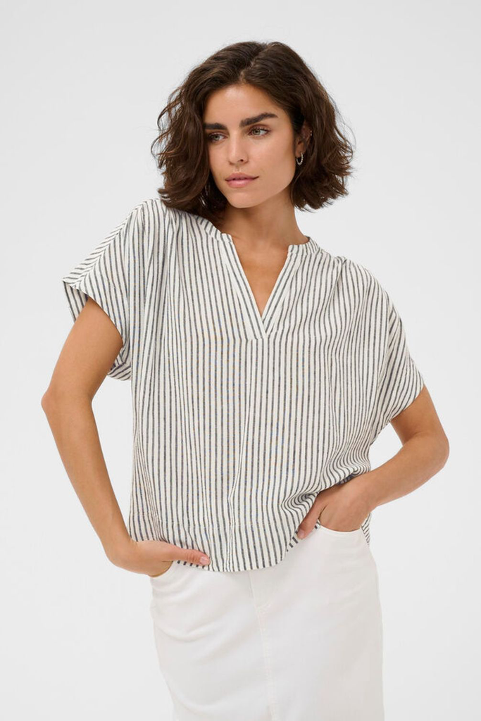KAFFE - BLOUSE "KAMILIA", BEIGE MET ZWARTE STREPEN