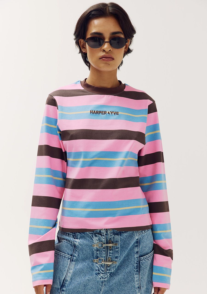 HARPER AND YVE - "TAMMY" LONG-SLEEVE T-SHIRT  PINK/BLUE/BROWN STRIPED