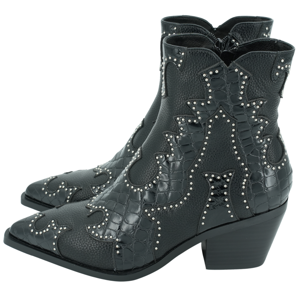 NOA HARMON - BOOTS WESTERN NOIRES EFFET SERPENT CLOUTÉS "MIRANDA"
