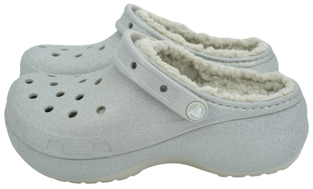 CROCS - SILVER SEQUINED FUR-LINED CLOGS