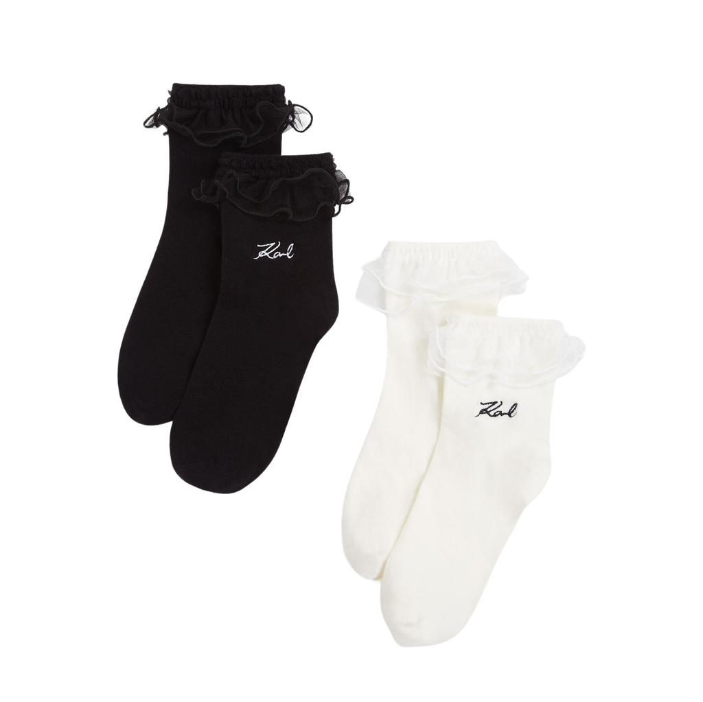 KARL LAGERFELD - „K/SIGNATURE“ WEISSE UND SCHWARZE SOCKEN MIT RÜSCHEN