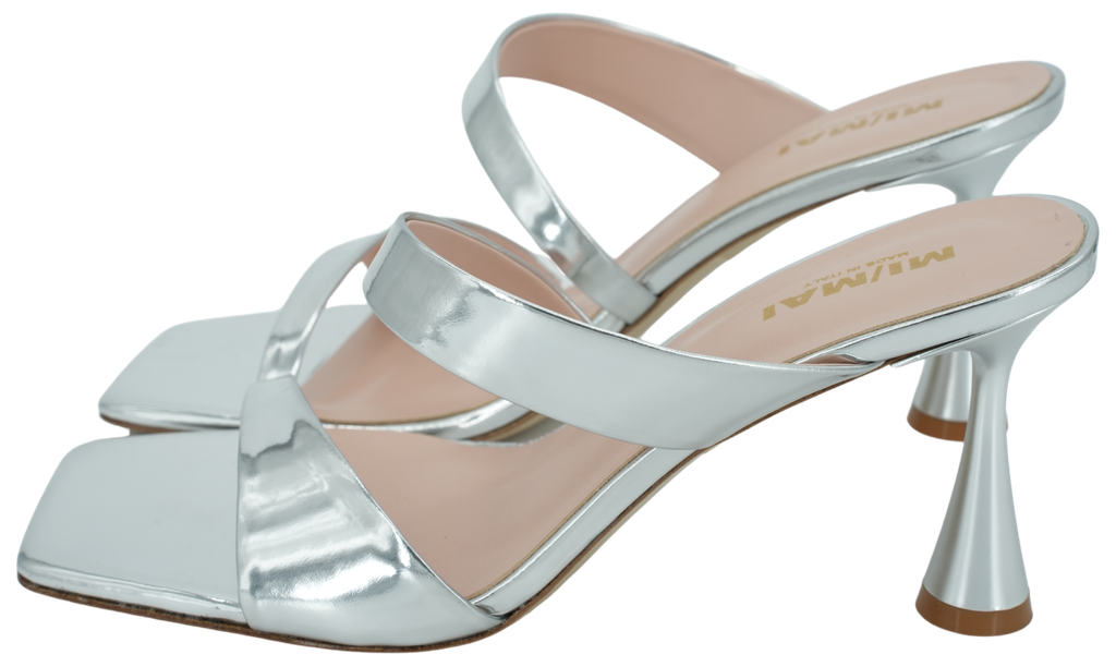 MI/MAI - „TARA“ SILBERNE MULES MIT ECKIGER ZEHENSCHUH