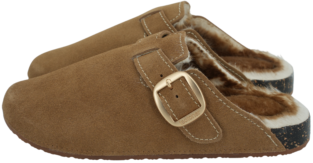 ISOTONER – CLOGS MIT KAMELFELLFUTTER UND WEISSEN NÄHTEN