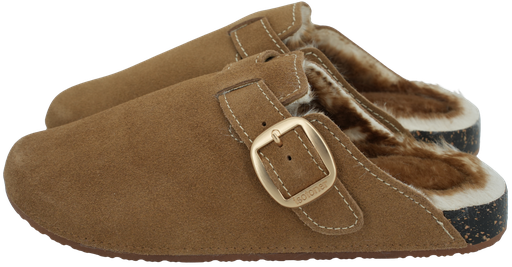 ISOTONER – CLOGS MIT KAMELFELLFUTTER UND WEISSEN NÄHTEN