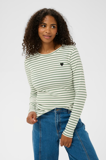 KAFFE - T-SHIRT MANCHE LONGUE "LIDDY" BLANC ET VERT SAUGE
