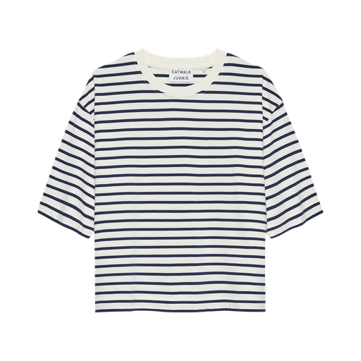 CATWALK JUNKIE - BLAUW-WIT T-SHIRT MET BRUINE STREPEN